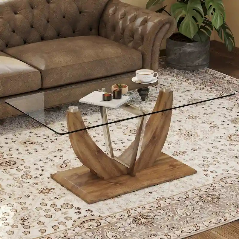 43.3 Table basse rectangulaire moderne avec colonnes décoratives en acier inoxydable et base épaisse