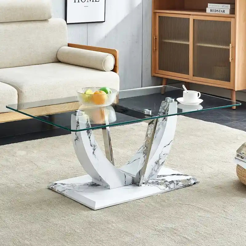 43.3 Table basse rectangulaire moderne avec colonnes décoratives en acier inoxydable et base épaisse