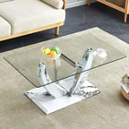 43.3 Table basse rectangulaire moderne avec colonnes décoratives en acier inoxydable et base épaisse