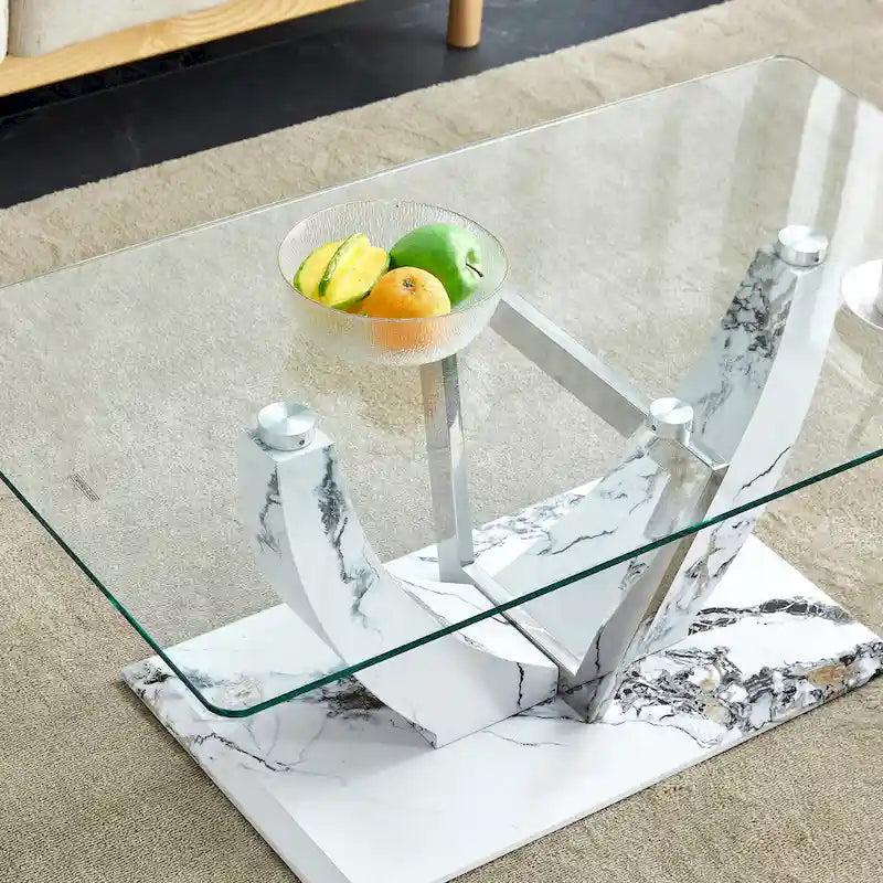 43.3 Table basse rectangulaire moderne avec colonnes décoratives en acier inoxydable et base épaisse