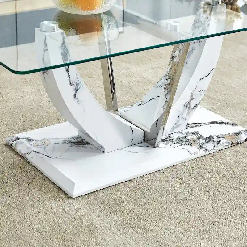 43.3 Table basse rectangulaire moderne avec colonnes décoratives en acier inoxydable et base épaisse