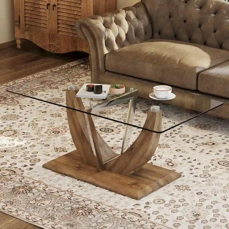 43.3 Table basse rectangulaire moderne avec colonnes décoratives en acier inoxydable et base épaisse