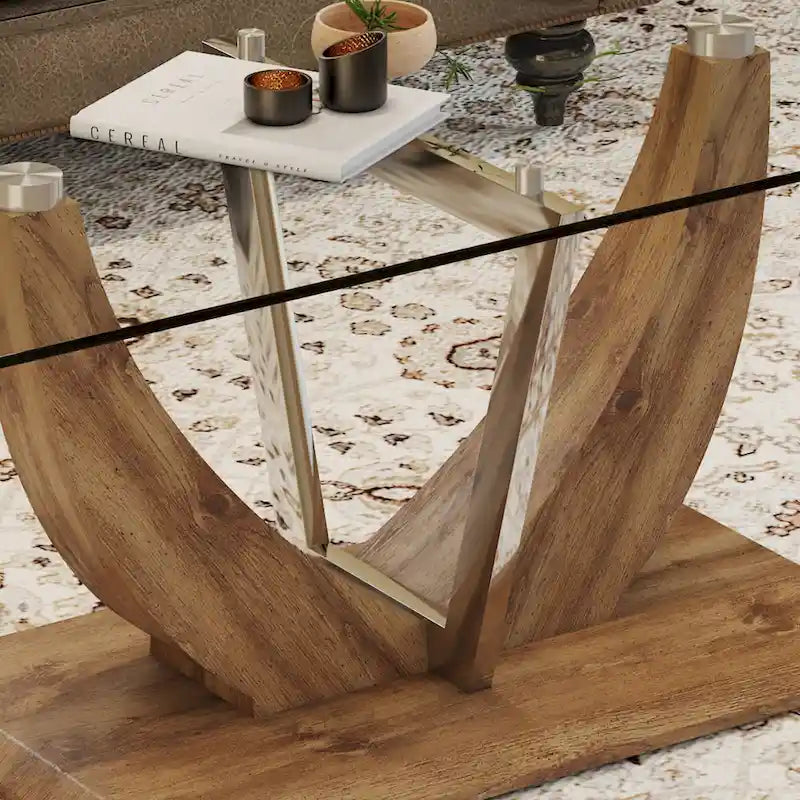 43.3 Table basse rectangulaire moderne avec colonnes décoratives en acier inoxydable et base épaisse