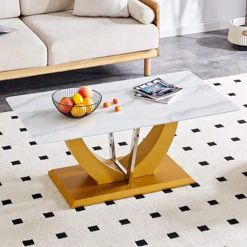 43.3 Table basse rectangulaire moderne avec colonnes décoratives en acier inoxydable et base épaisse