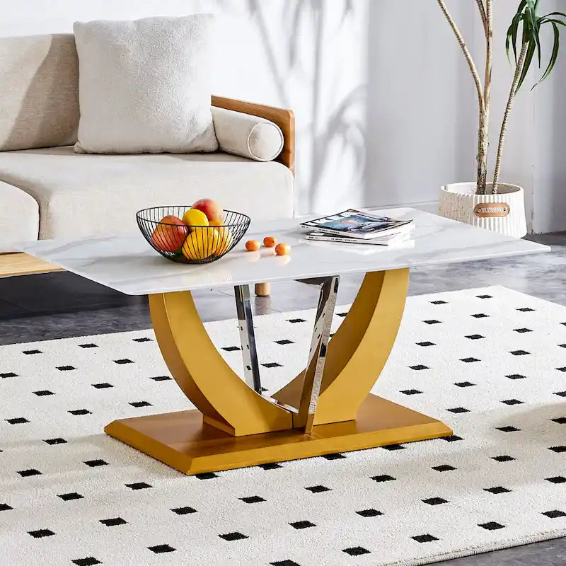 43.3 Table basse rectangulaire moderne avec colonnes décoratives en acier inoxydable et base épaisse