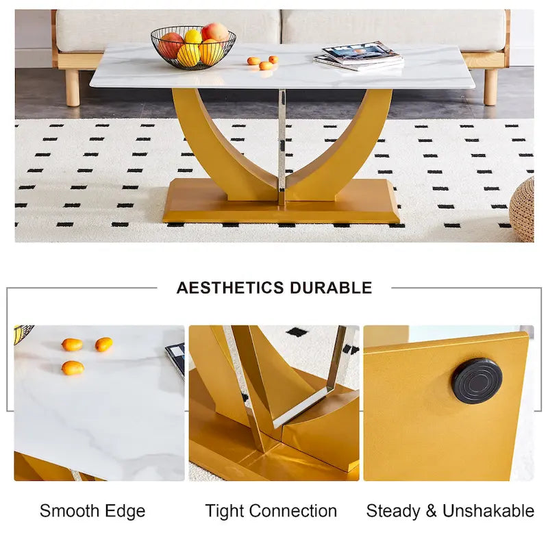 43.3 Table basse rectangulaire moderne avec colonnes décoratives en acier inoxydable et base épaisse