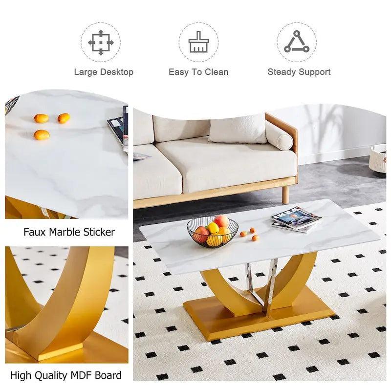 43.3 Table basse rectangulaire moderne avec colonnes décoratives en acier inoxydable et base épaisse