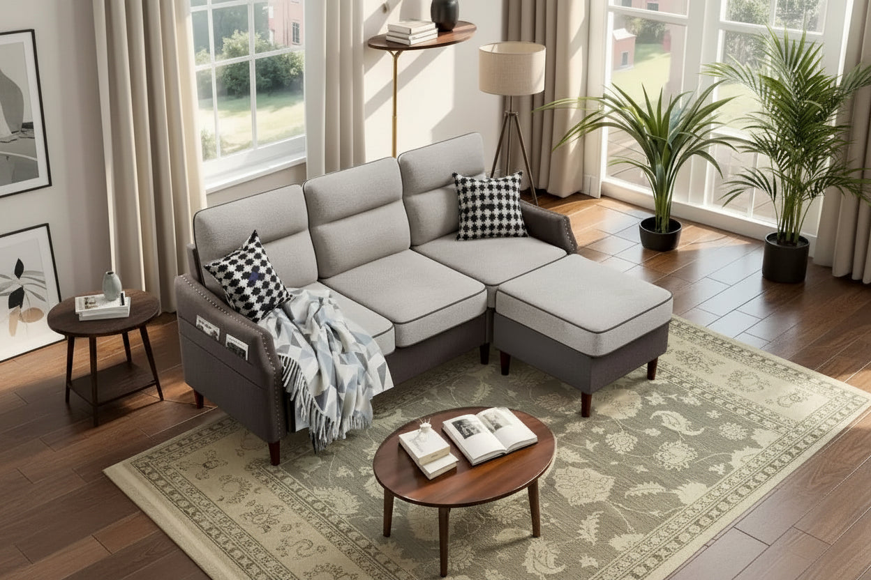 Futzca 78 L Shaped Sofa Couch with Ottoman and Side Storage Bag