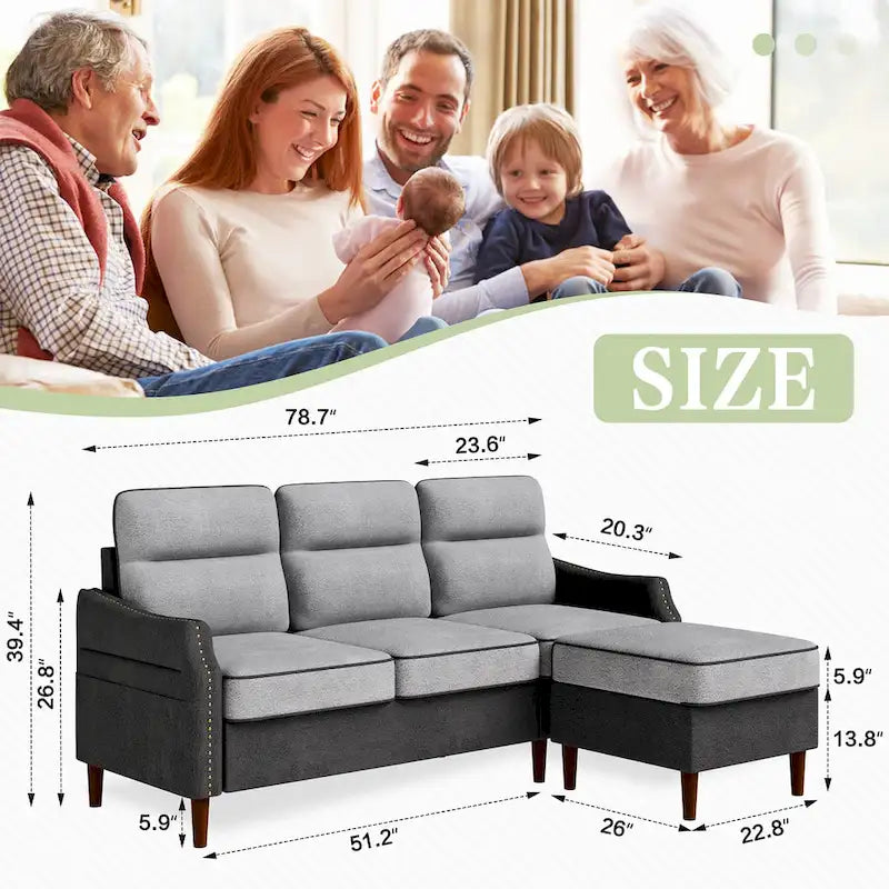 Canapé d'angle Futzca 78 L avec pouf et sac de rangement latéral