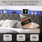 Lit double gris foncé avec tête de lit de rangement, station de recharge et lumières LED