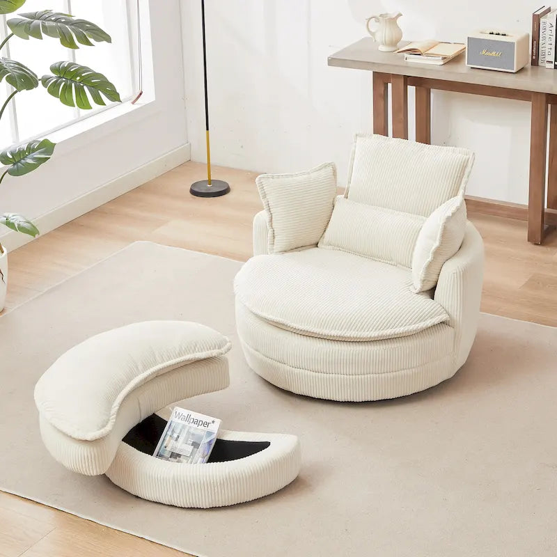 Fauteuil baril pivotant surdimensionné avec pouf de rangement en forme de lune