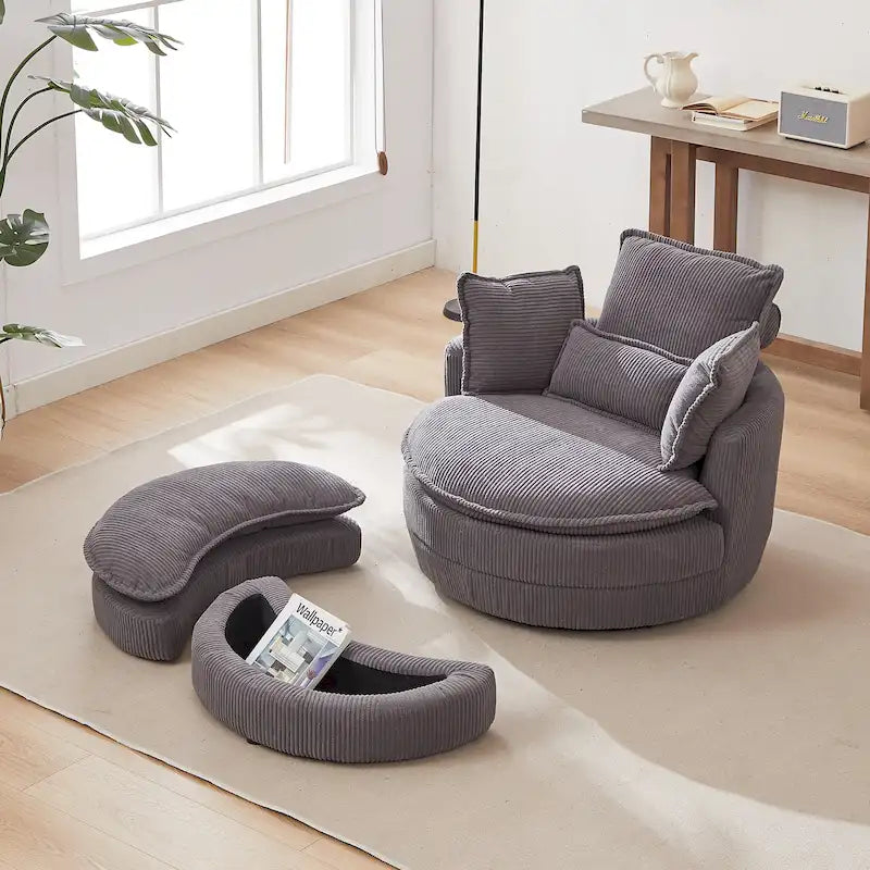 Fauteuil baril pivotant surdimensionné avec pouf de rangement en forme de lune