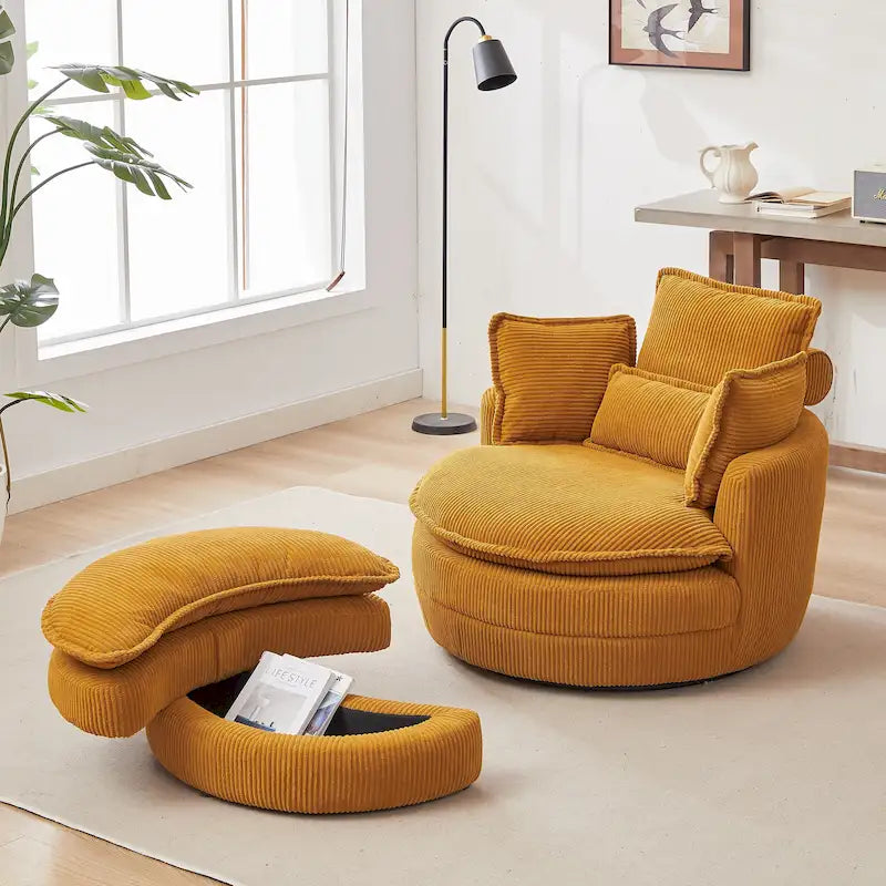 Fauteuil baril pivotant surdimensionné avec pouf de rangement en forme de lune
