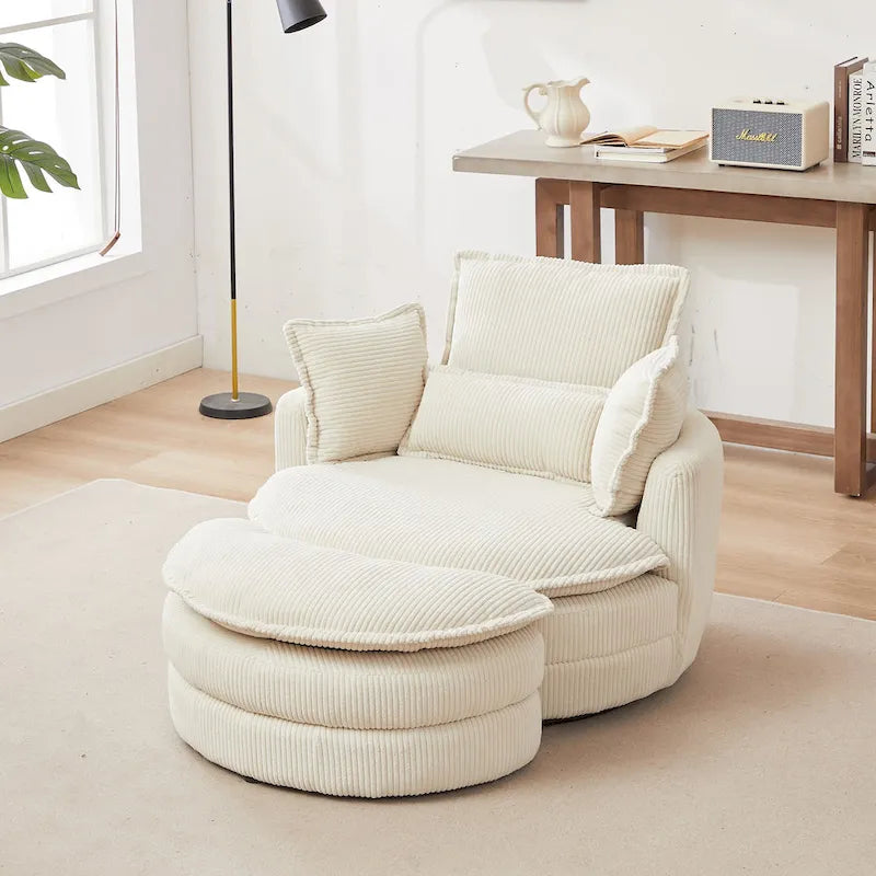 Fauteuil baril pivotant surdimensionné avec pouf de rangement en forme de lune