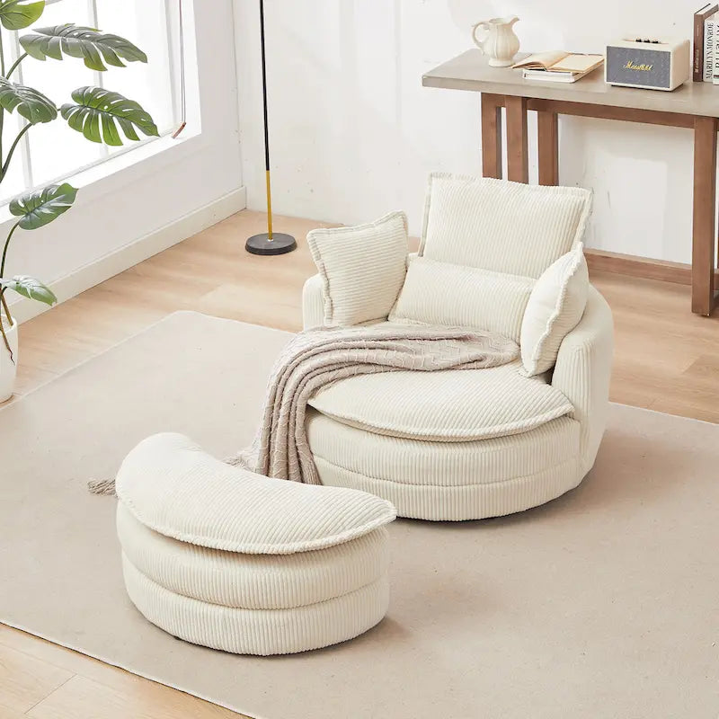 Fauteuil baril pivotant surdimensionné avec pouf de rangement en forme de lune