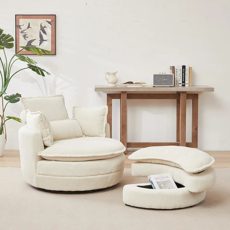 Fauteuil baril pivotant surdimensionné avec pouf de rangement en forme de lune