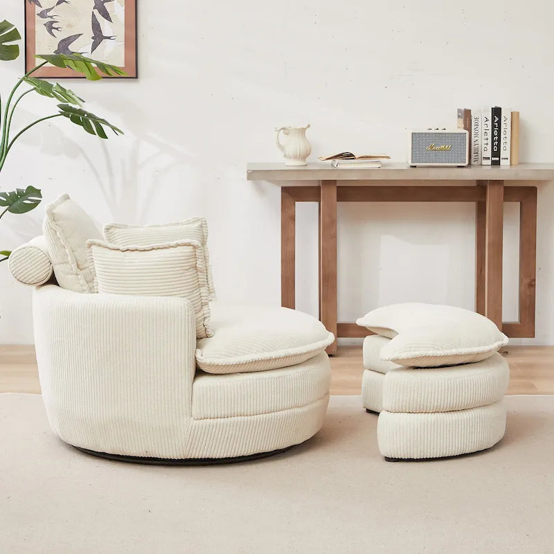 Fauteuil baril pivotant surdimensionné avec pouf de rangement en forme de lune