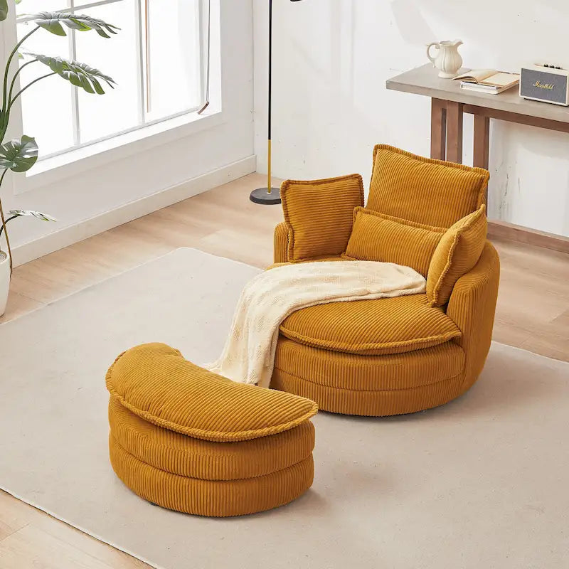Fauteuil baril pivotant surdimensionné avec pouf de rangement en forme de lune