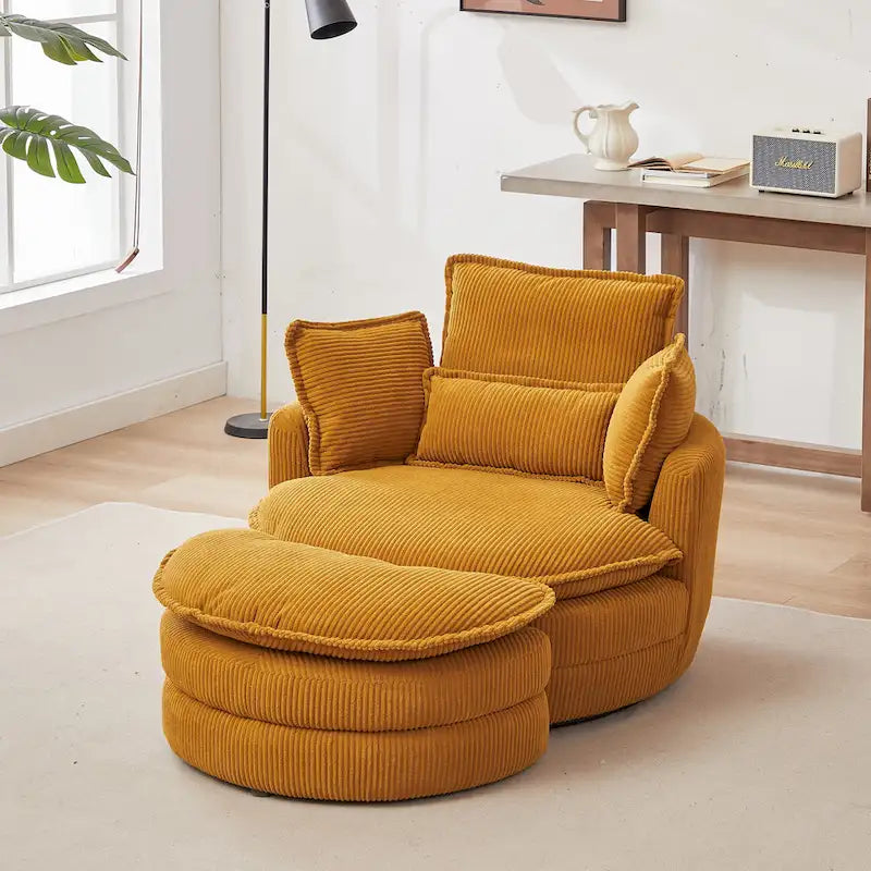 Fauteuil baril pivotant surdimensionné avec pouf de rangement en forme de lune