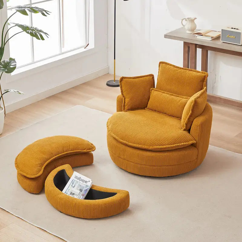 Fauteuil baril pivotant surdimensionné avec pouf de rangement en forme de lune