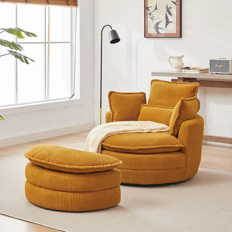 Fauteuil baril pivotant surdimensionné avec pouf de rangement en forme de lune