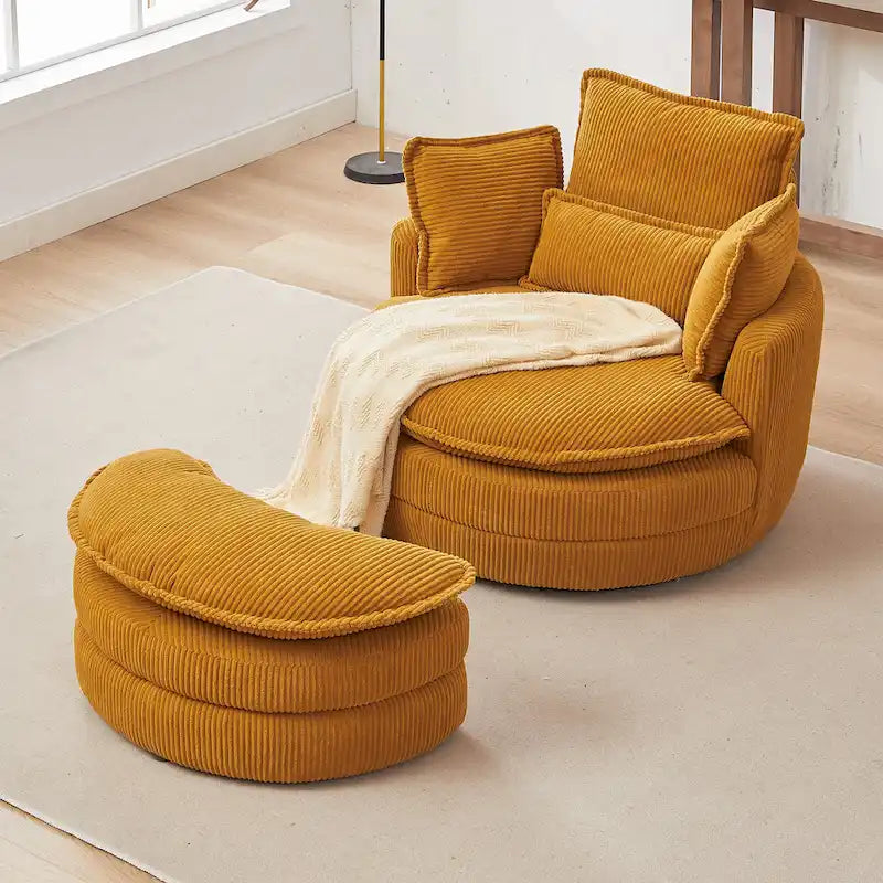 Fauteuil baril pivotant surdimensionné avec pouf de rangement en forme de lune