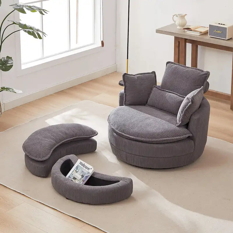 Fauteuil baril pivotant surdimensionné avec pouf de rangement en forme de lune