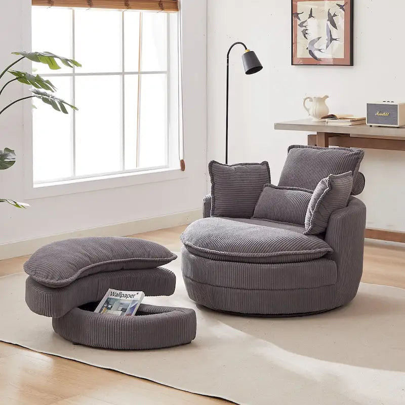 Fauteuil baril pivotant surdimensionné avec pouf de rangement en forme de lune