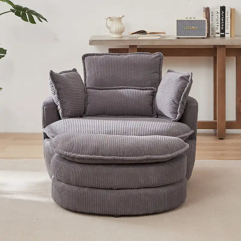 Fauteuil baril pivotant surdimensionné avec pouf de rangement en forme de lune