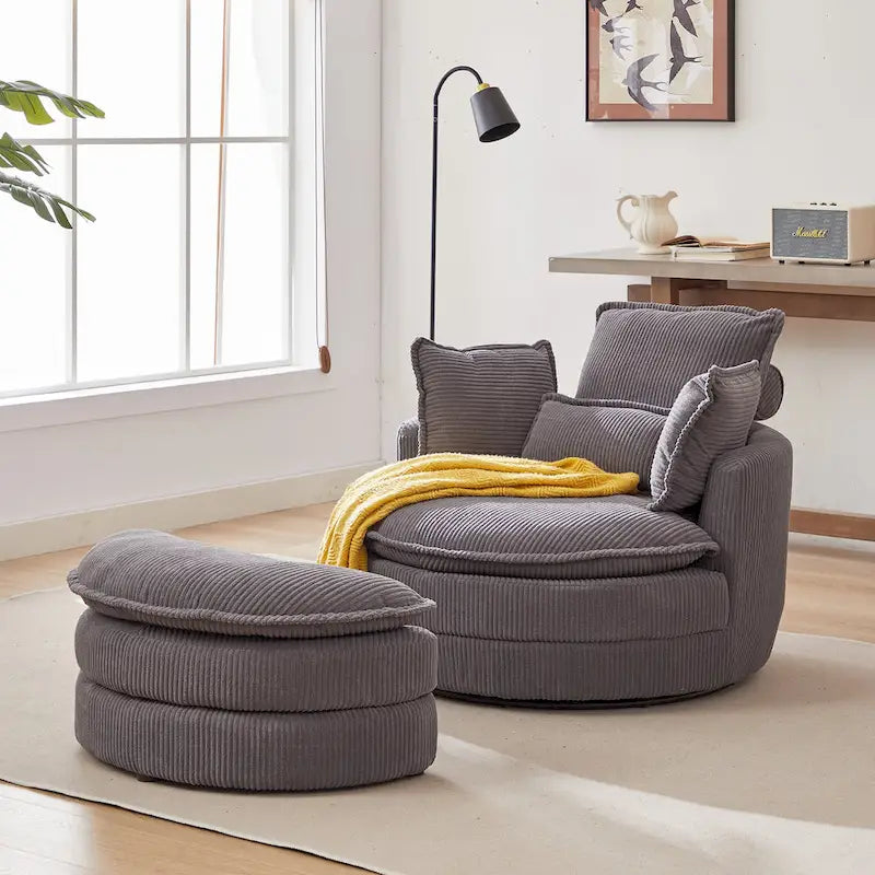 Fauteuil baril pivotant surdimensionné avec pouf de rangement en forme de lune