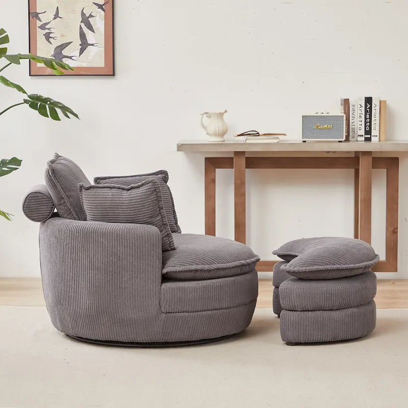 Fauteuil baril pivotant surdimensionné avec pouf de rangement en forme de lune