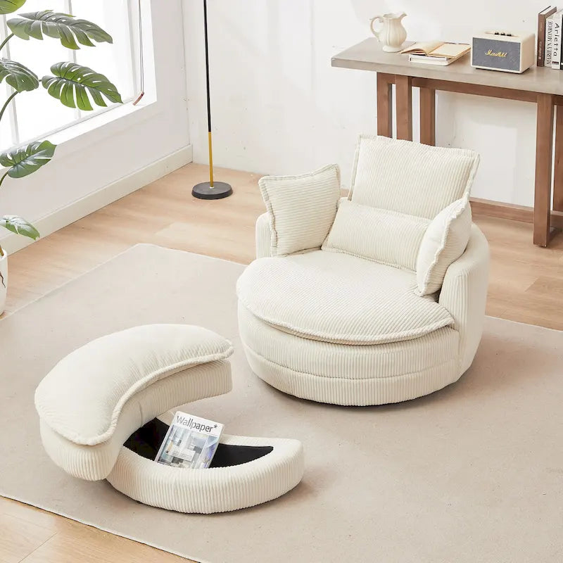 Fauteuil baril pivotant surdimensionné avec pouf de rangement en forme de lune