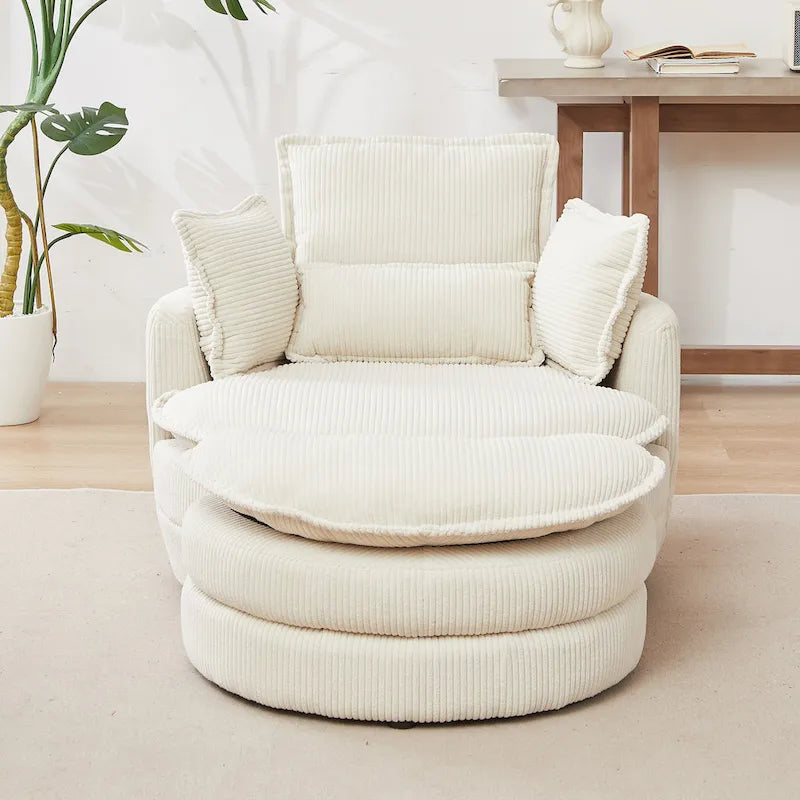 Fauteuil baril pivotant surdimensionné avec pouf de rangement en forme de lune