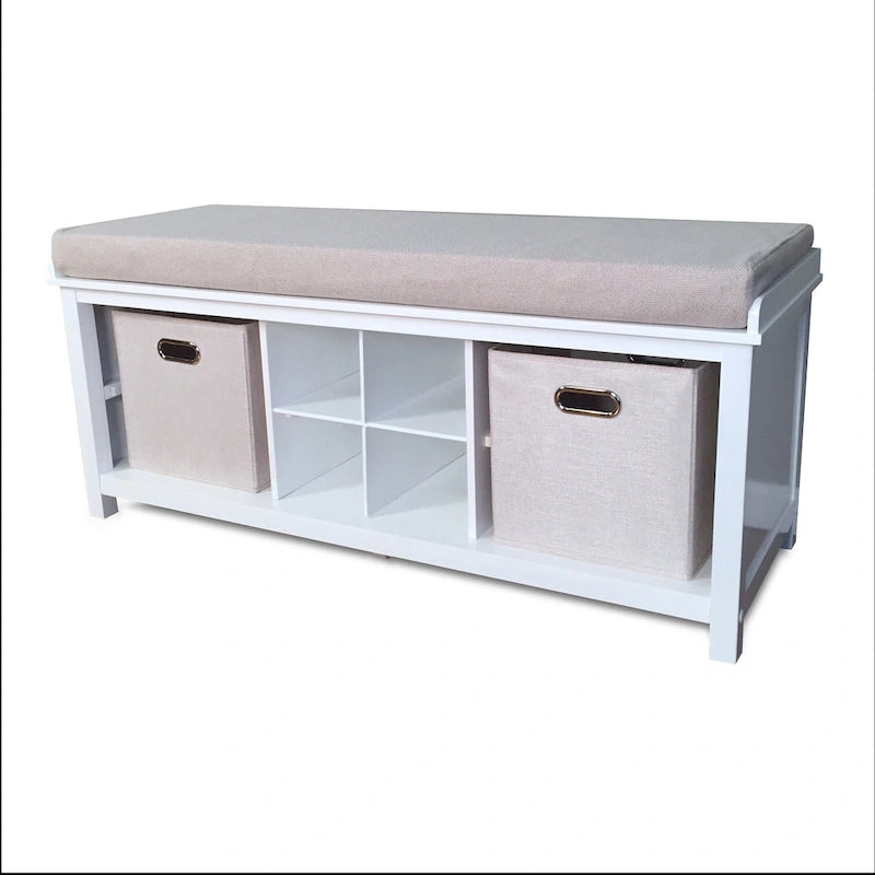 Banc d'entrée en bois massif avec casiers à chaussures, bacs de rangement et coussin – Blanc