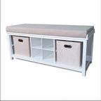 Banc d'entrée en bois massif avec casiers à chaussures, bacs de rangement et coussin – Blanc