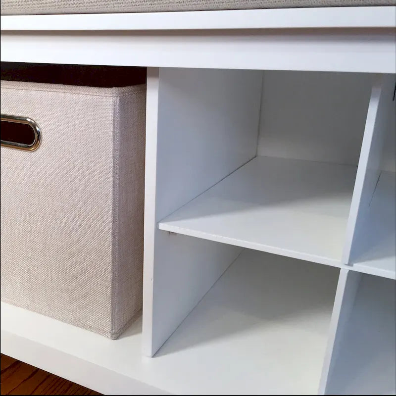 Banc d'entrée en bois massif avec casiers à chaussures, bacs de rangement et coussin – Blanc