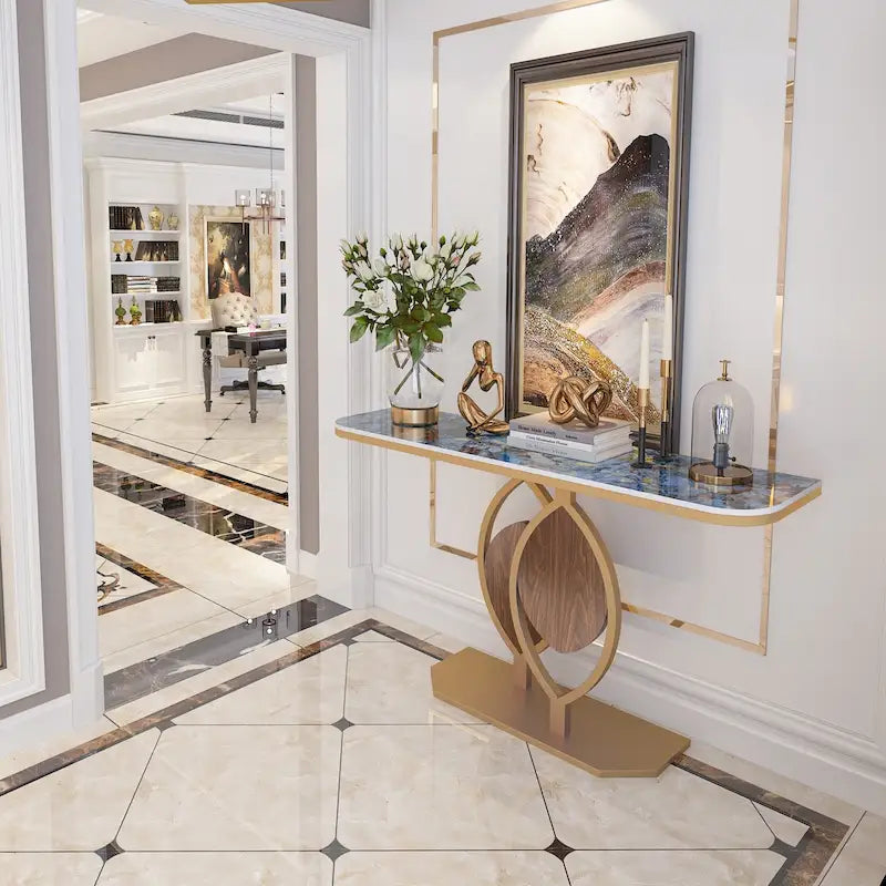 Table console moderne en marbre de 48 po avec base dorée pour entrée ou salon - 48x12x31