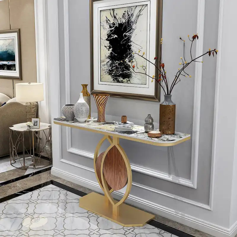 Table console moderne en marbre de 48 po avec base dorée pour entrée ou salon - 48x12x31
