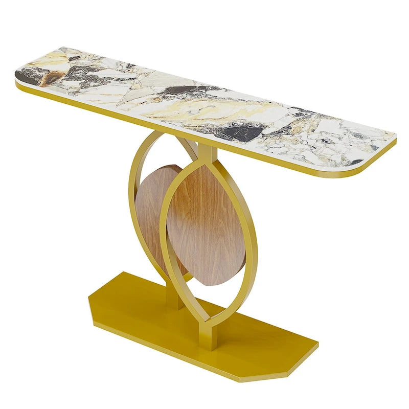 Table console moderne en marbre de 48 po avec base dorée pour entrée ou salon - 48x12x31