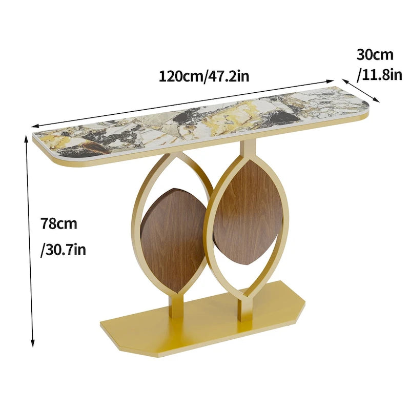 Table console moderne en marbre de 48 po avec base dorée pour entrée ou salon - 48x12x31