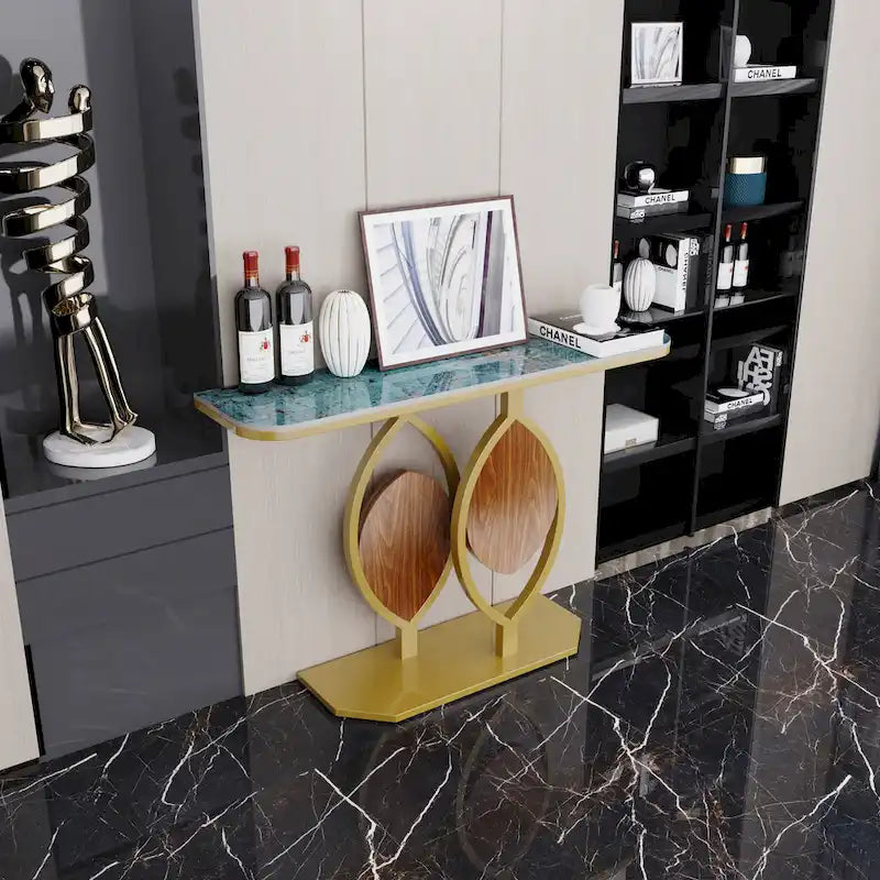 Table console moderne en marbre de 48 po avec base dorée pour entrée ou salon - 48x12x31