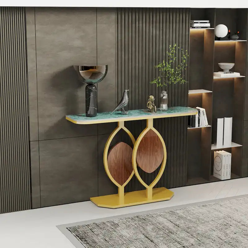 Table console moderne en marbre de 48 po avec base dorée pour entrée ou salon - 48x12x31