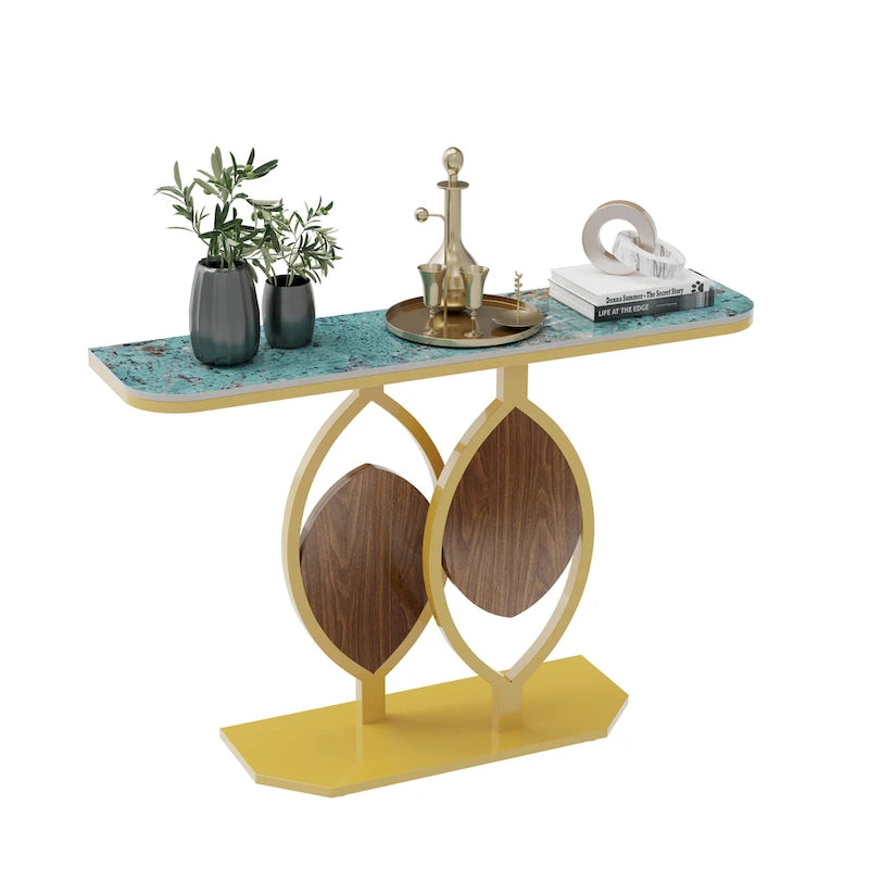 Table console moderne en marbre de 48 po avec base dorée pour entrée ou salon - 48x12x31