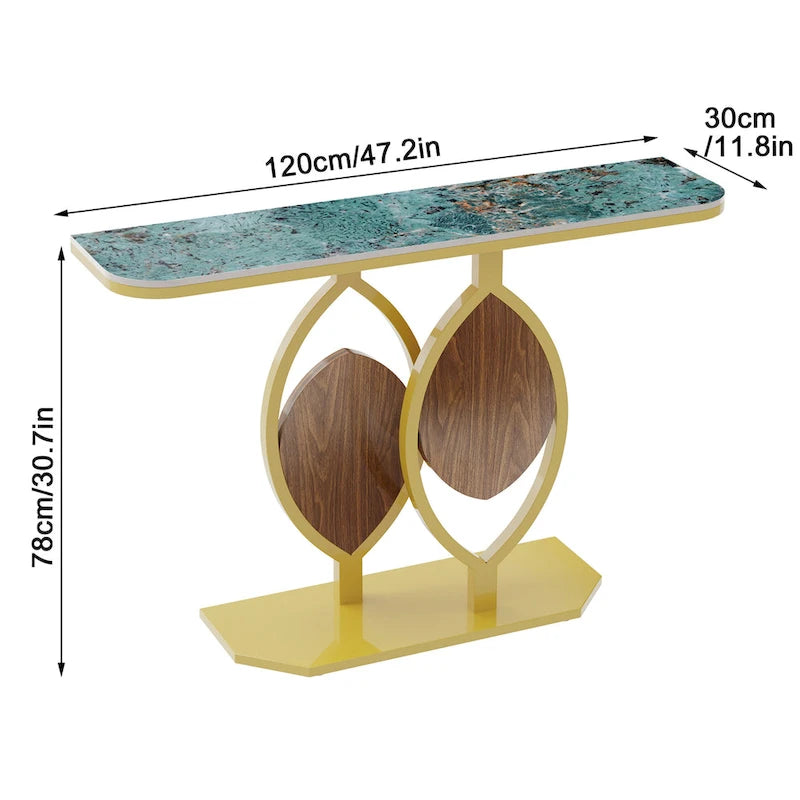 Table console moderne en marbre de 48 po avec base dorée pour entrée ou salon - 48x12x31