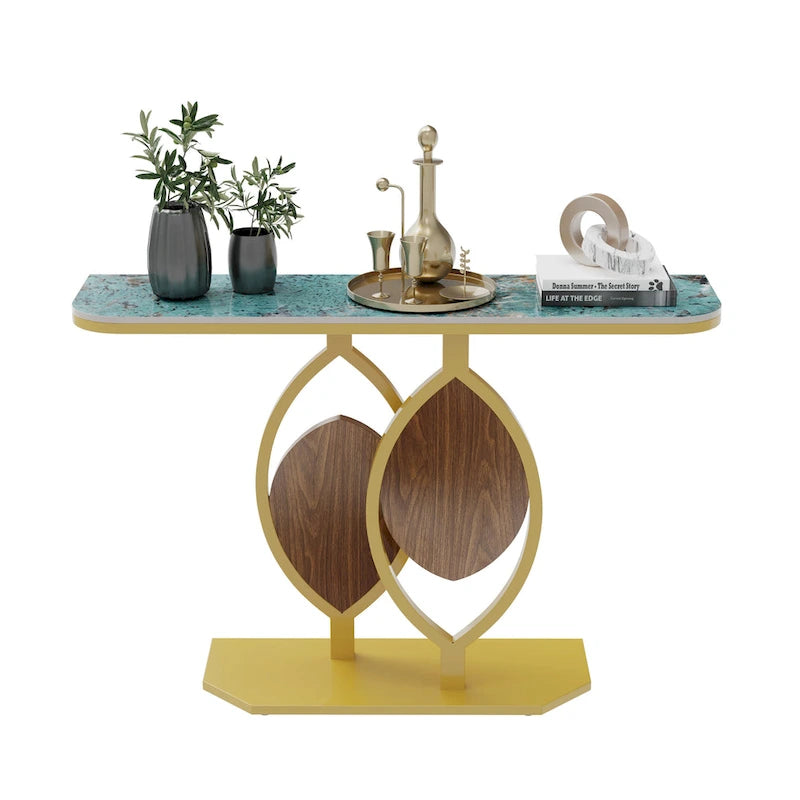 Table console moderne en marbre de 48 po avec base dorée pour entrée ou salon - 48x12x31
