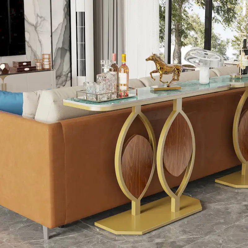 Table console moderne en marbre de 48 po avec base dorée pour entrée ou salon - 48x12x31