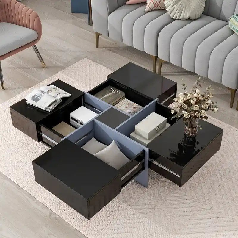 Table basse au design unique avec 4 compartiments de rangement dissimulés, table de salon carrée avec plateau coulissant extensible
