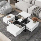 Table basse au design unique avec 4 compartiments de rangement dissimulés, table de salon carrée avec plateau coulissant extensible