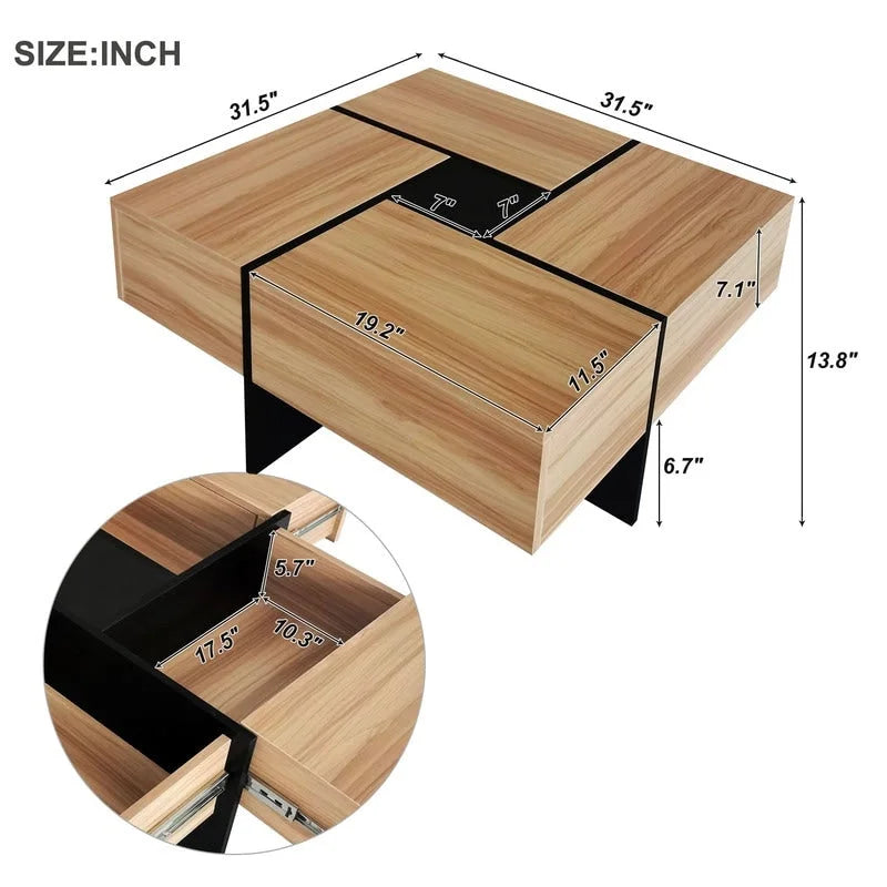 Table basse au design unique avec 4 compartiments de rangement dissimulés, table de salon carrée avec plateau coulissant extensible