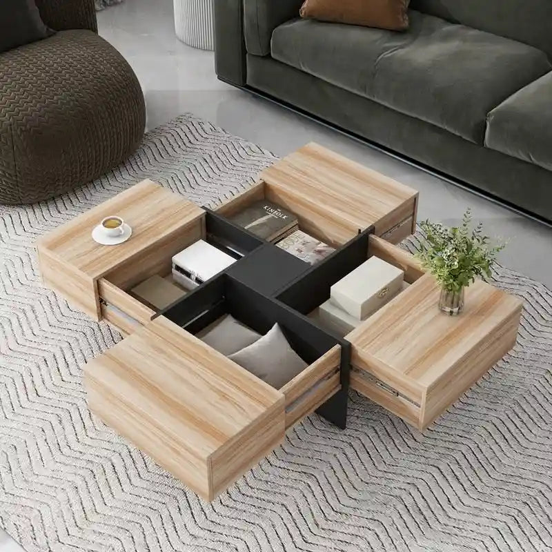 Table basse au design unique avec 4 compartiments de rangement dissimulés, table de salon carrée avec plateau coulissant extensible